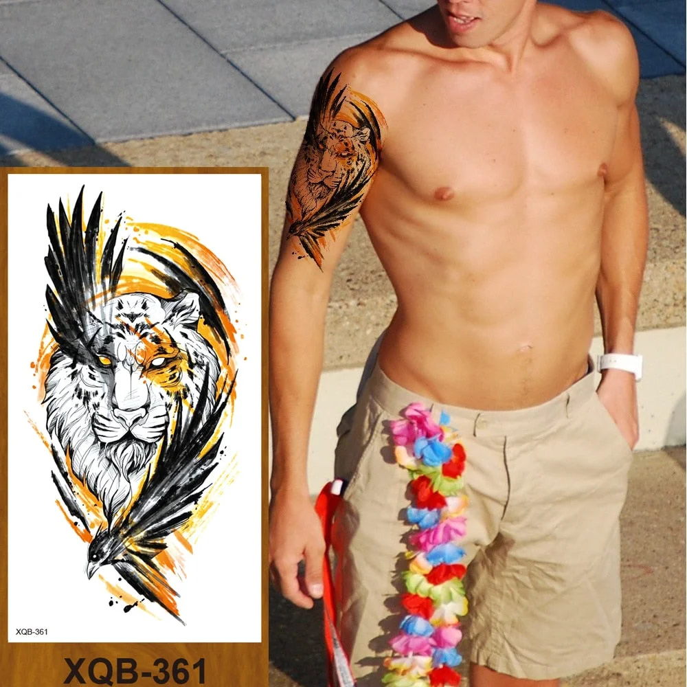 Temporary Tattoo Stickers Feather Totem Tiger Wolf Lion King Cheetah Men Women Adults Girl Flower Arm Body Fake Tatoo Waterproof