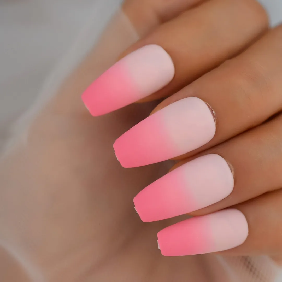 24pcs Coffin Press On Nails Medium Glossy Rainbow Color Ballerina Fake Nails Set Clear Nude False Ongles-Nail Inspo