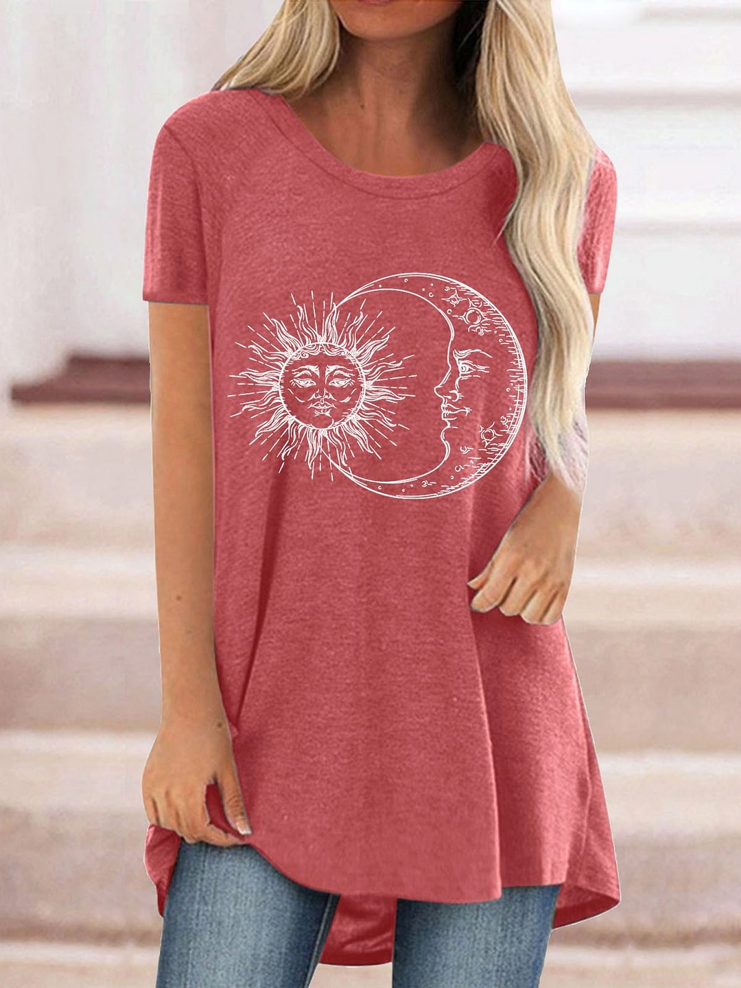Women Casual Short Sleeve Scoop Neck Sun&Moon Floral Printed Tops