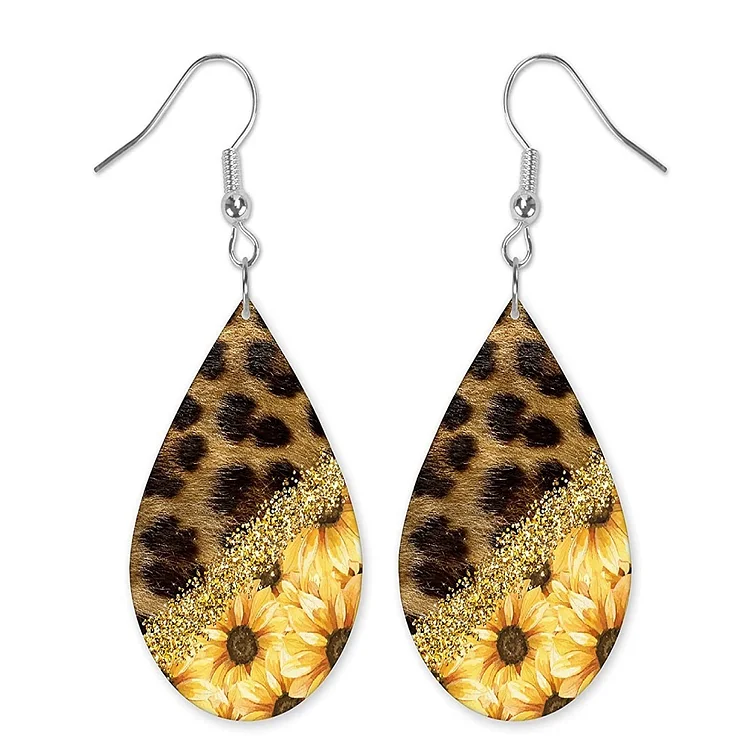 Retro Leopard Dangle Earrings Sunflower Leather Statement Hook Earrings