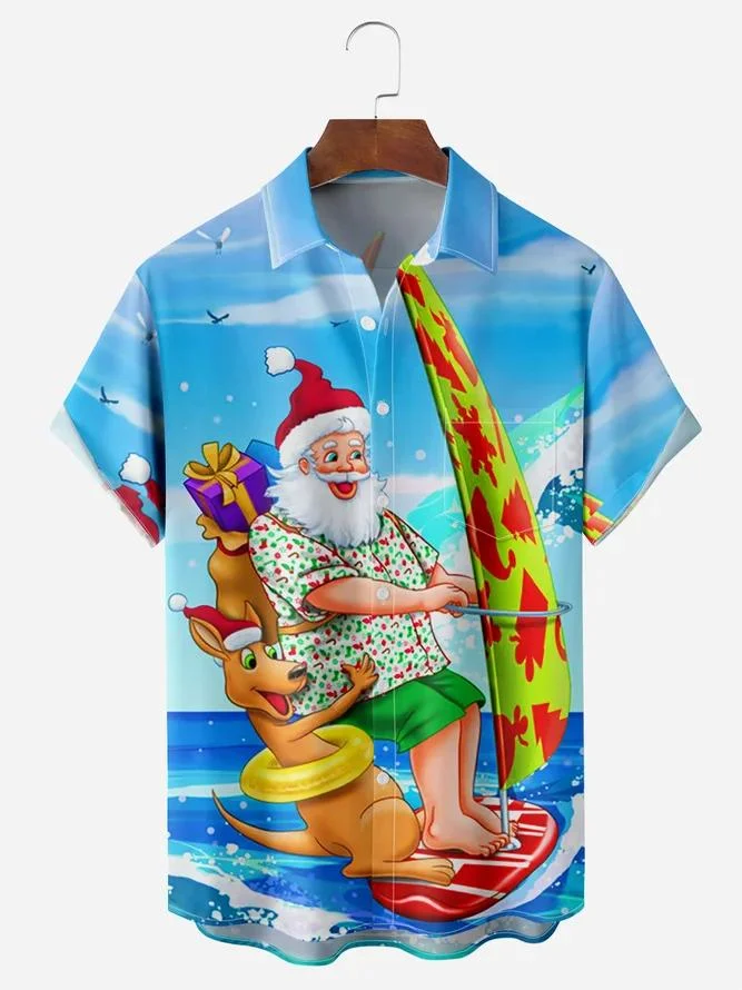 Christmas Santa Surfing Art Pattern Casual Print Short Sleeve Shirt