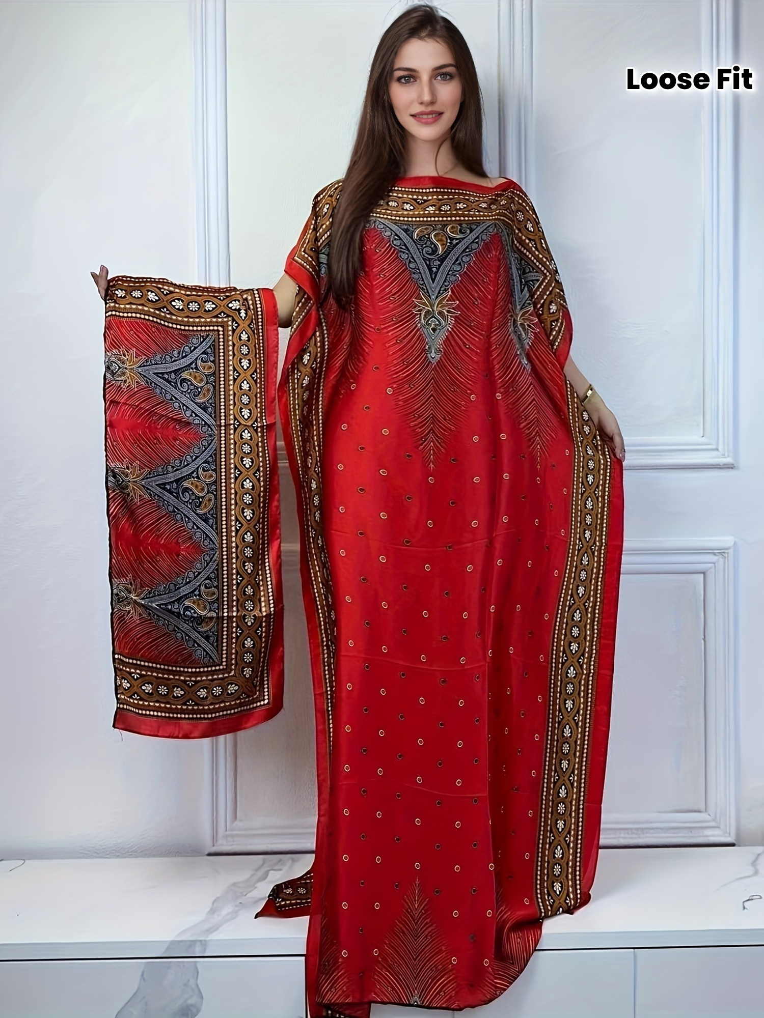 Vibrant Red Womens Winyi Abaya Maxi Dress Middle Eastern-Inspired Floral Print Boat Neck | IFYHOME