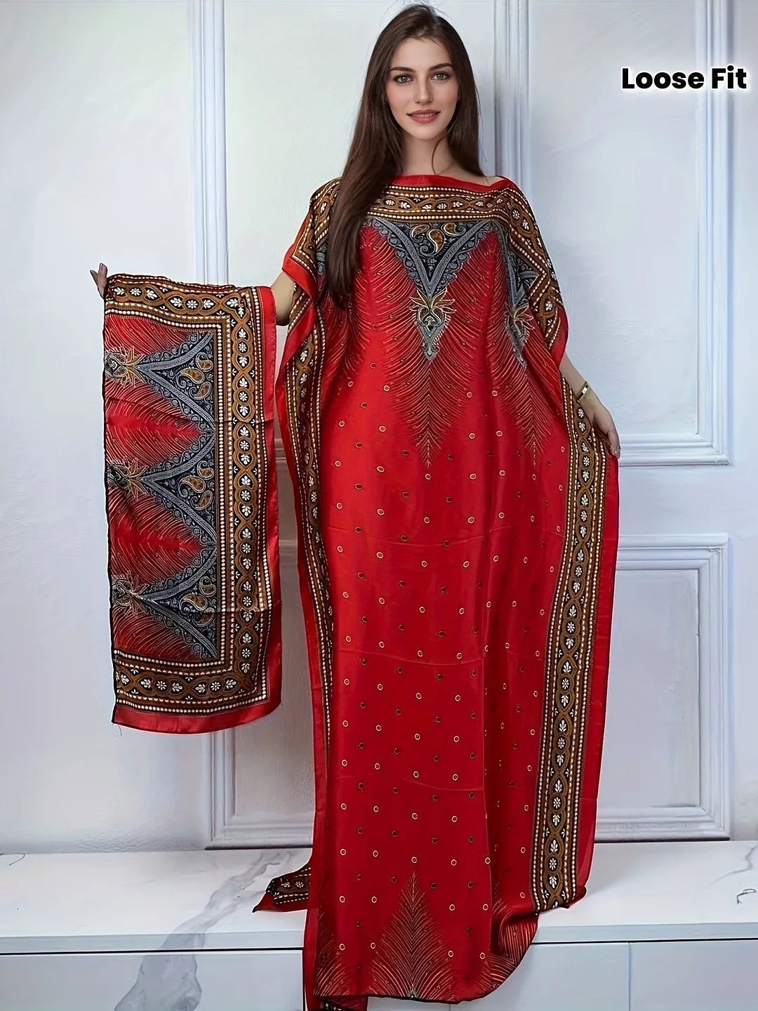 Vibrant Red Winyi Women's Elegant Abaya Maxi Dress | Middle Eastern-Inspired Floral Print, Boat Neck Batwing Sleeves, Loose Fit H-Line Silhouette, Black & Golden Accents, All-Season Party & Casual Wear | IFYHOME