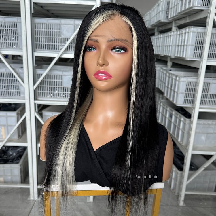 Celebrity| Black and Blonde Skunk Stripe Lace Front Wig 24inch Black Wig With Blonde Highlights Skunk Stripe Hair – Yolissa  main image 2