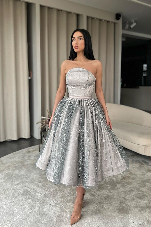 Bellasprom Silver Tulle Sequins Short Prom Dress On Sale Strapless Bellasprom