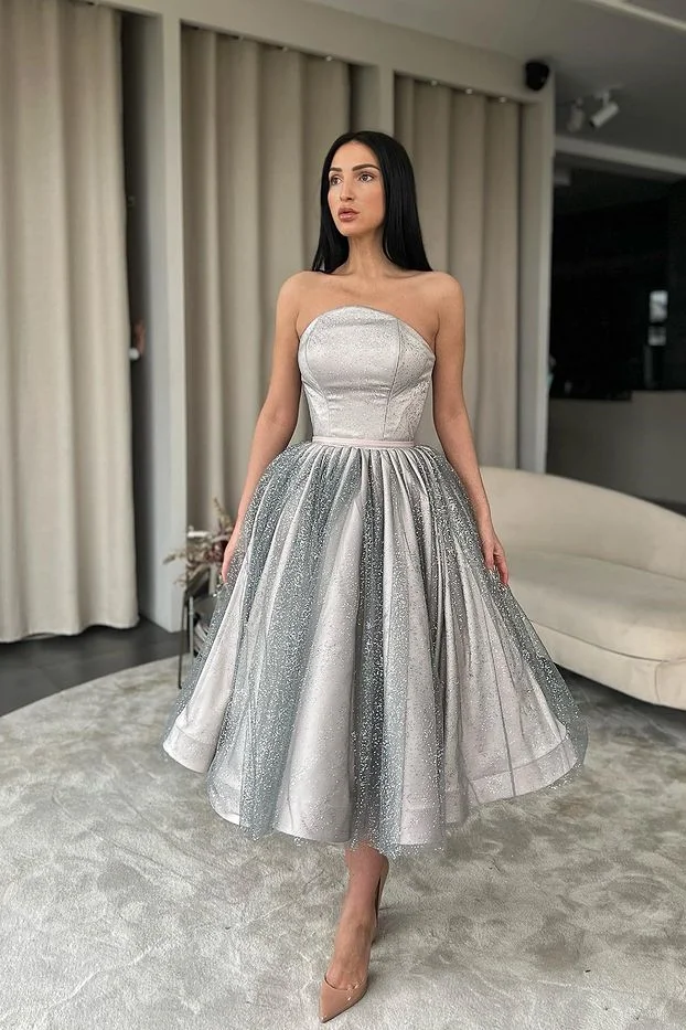 Classy Silver Strapless Tulle Sequins Short Prom Dress On Sale - lulusllly