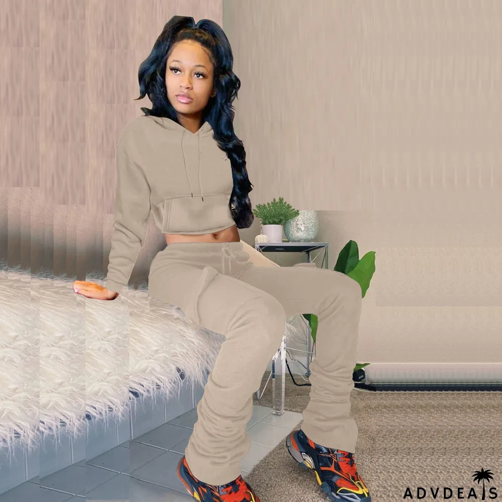Solid Fleece Hoodie Top Pile Pants Casual Two Piece Sets