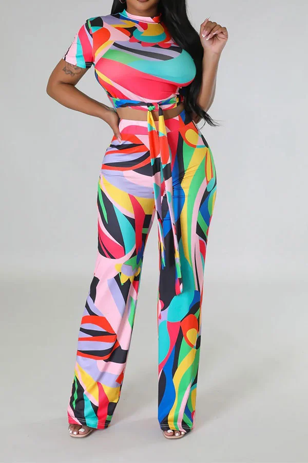 Colorful Graphic Print Classic Lace-Up Pant Suit