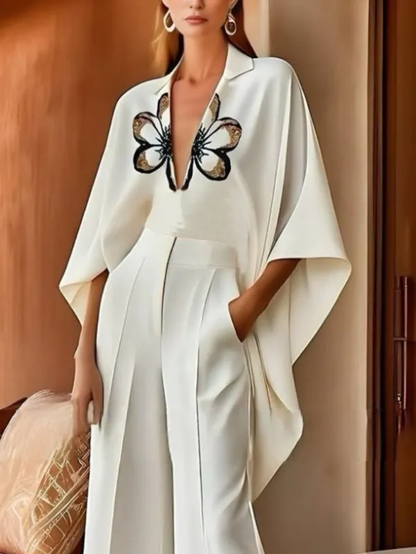 Batwing Sleeves High-Low Flower Print V-Neck Blouses&Shirts Tops WHITE-M