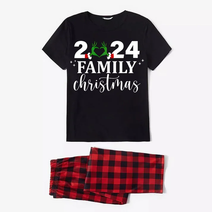 "2024 Family Christmas" Quirky Heart Letter Print Black Short Sleeve with Red & Black Plaid Pant Family Matching Pajamas
