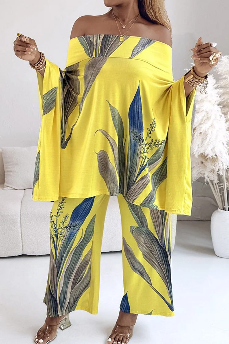 Plus Size Vacation Yellow Tropical Print Off The Shoulder Pocket Casual Two Piece Pant Sets [Pre-Order] 2024 - Xpluswear