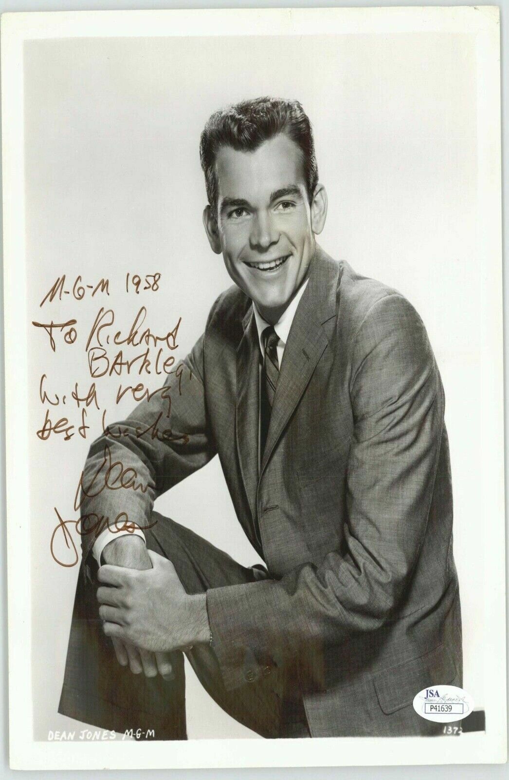 DEAN JONES , ACTOR (DECEASED) SIGNED, INSCRIBED DATED 1958 8X10 JSA COA #P41639