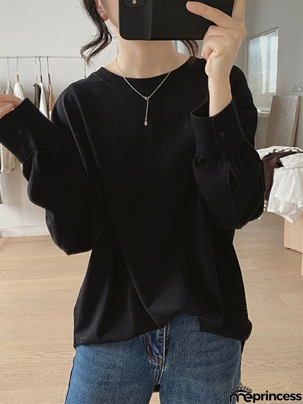 Long Sleeves Loose Solid Color Round-Neck T-Shirts Tops
