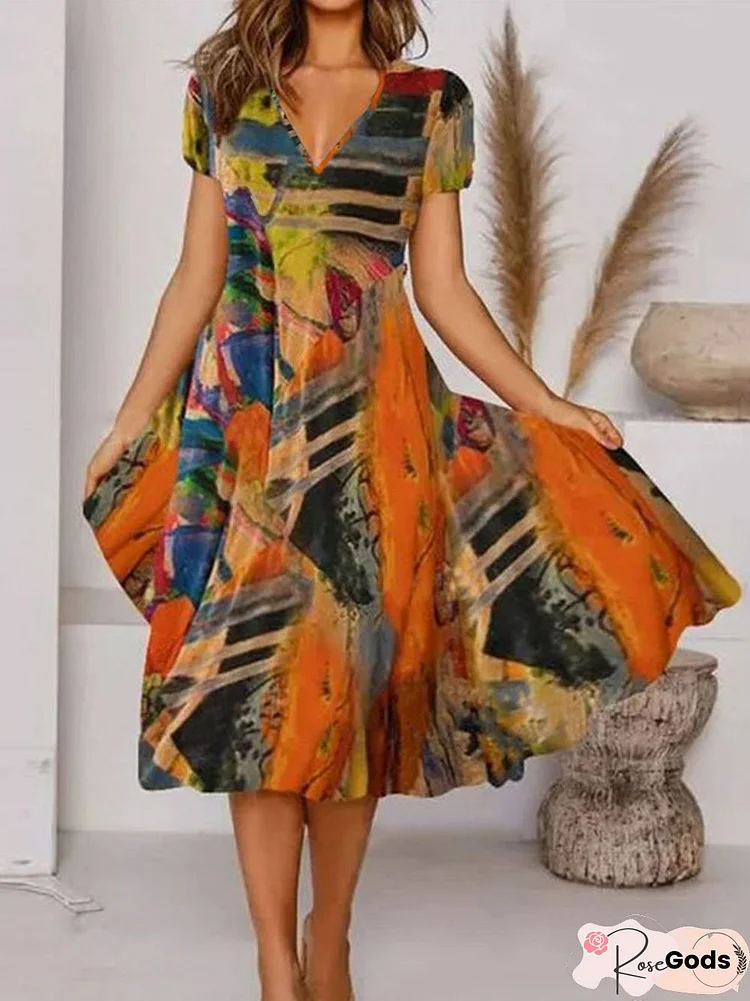 Boho Printed V Neck Floral Women Dress