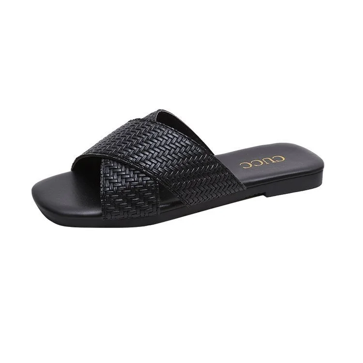 Pu Leather Summer Women Slippers Female Slides Women Flat Summers Shoes Solid Ladies Flip Flops Plus Size