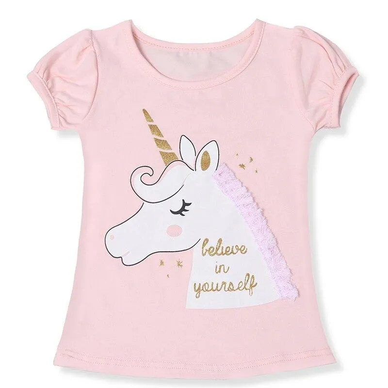 Girl Birthday Unicorn T Shirt Baby Funny Summer White Tops Pink Tees Kids Short Sleeves T-shirt Children Shirts For Girl Clothes