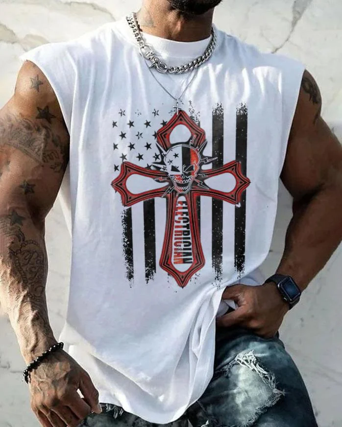 Men's Casual Cross Flags Print Tank Top at Hiphopee