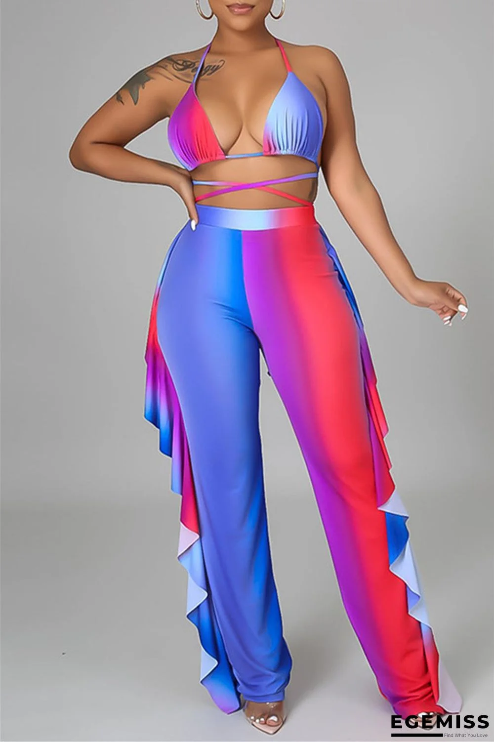 Blue Fashion Sexy Print Backless Strap Design Halter Sleeveless Three-piece Set | EGEMISS