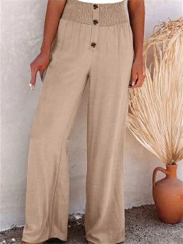 Women's Spring and Summer New Women's Pants Solid Color Cotton and Linen Elastic Loose Casual Wide-legged Women's Pants-JRSEE