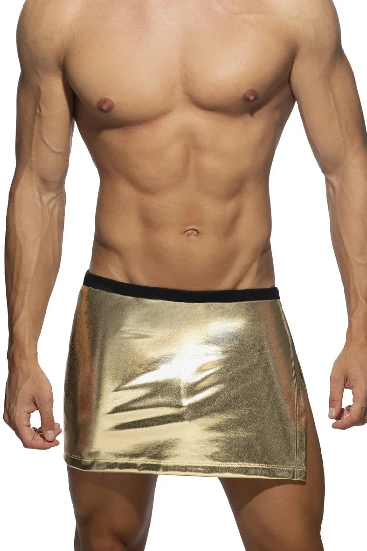 Men's Metallic Shiny Side Split Adjustable Waist Mini Skirt