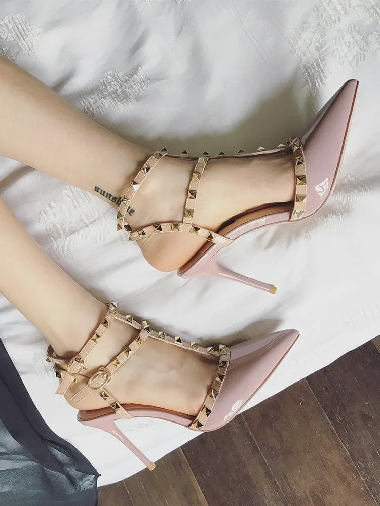 2020 New 10CM New High-heeled Shoes Female Pointed Stiletto Sexy Nightclub Word with Rivets Wild Sandals Female Summer