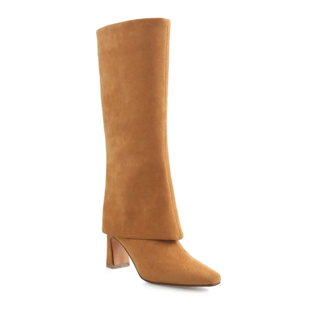 70mm Block Heel Mid-tube Fashion Boots Light Caramel Suede-vocosishoes