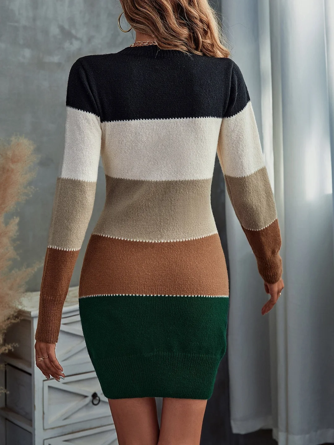 Nigikala Nigikala And Winter Round Collar Long Knitted Shirt Threaded Dressing Dress