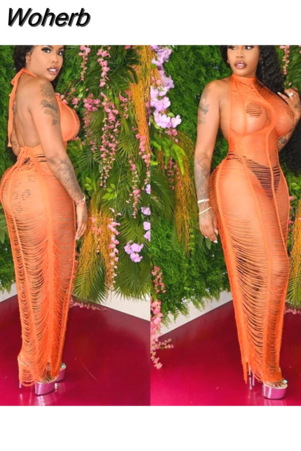 Woherb Kliou Mesh Stacked Maxi Dress See Through Sexy Women New Fashion Sleeveless Backless Spaghetti Strap Female Clubwear Skirts 1028-1-Outfit Ideas