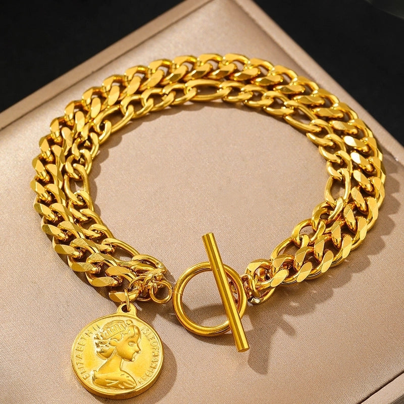 Retro Human Round Letter 304 Stainless Steel Gold Plated Cuban Link Chain Curb Chain Bracelets In Bulk