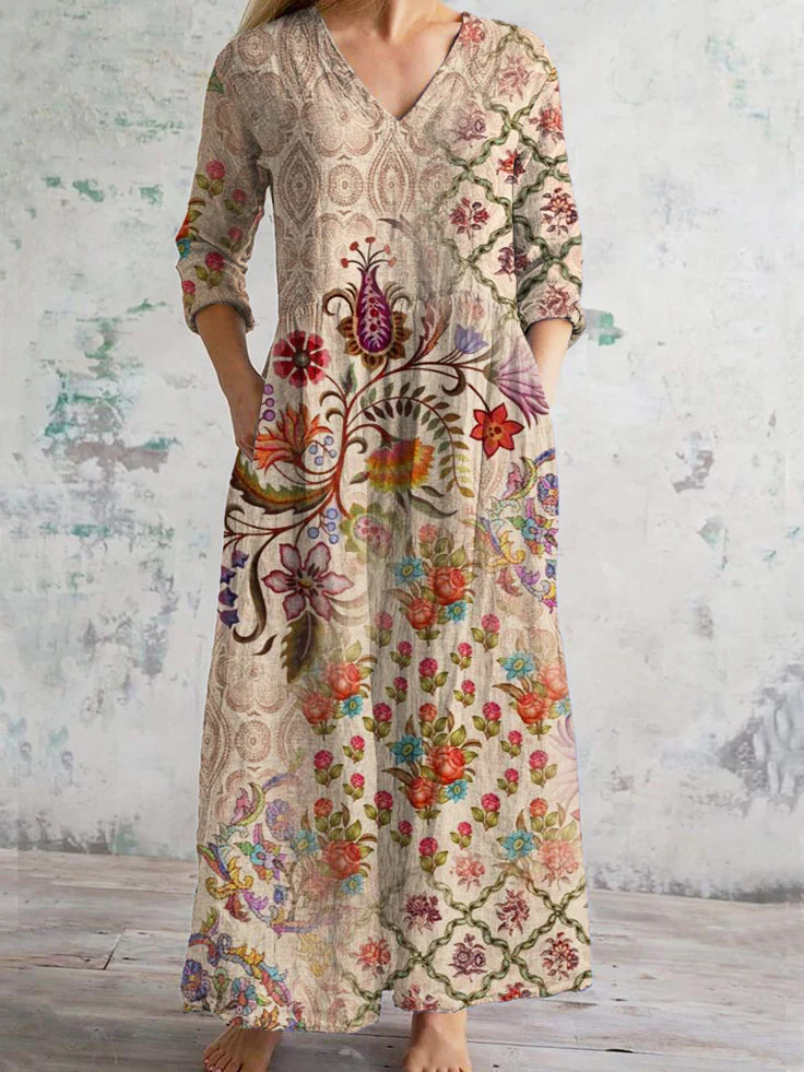 WomenS V-Neck Artistic Colorful Artistic Floral Pattern Cotton And Linen Dress