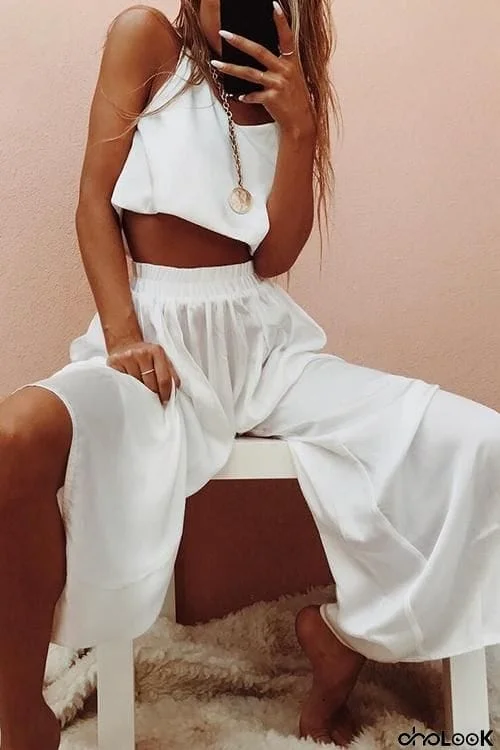 Solid Crop Slip Top Pants Set