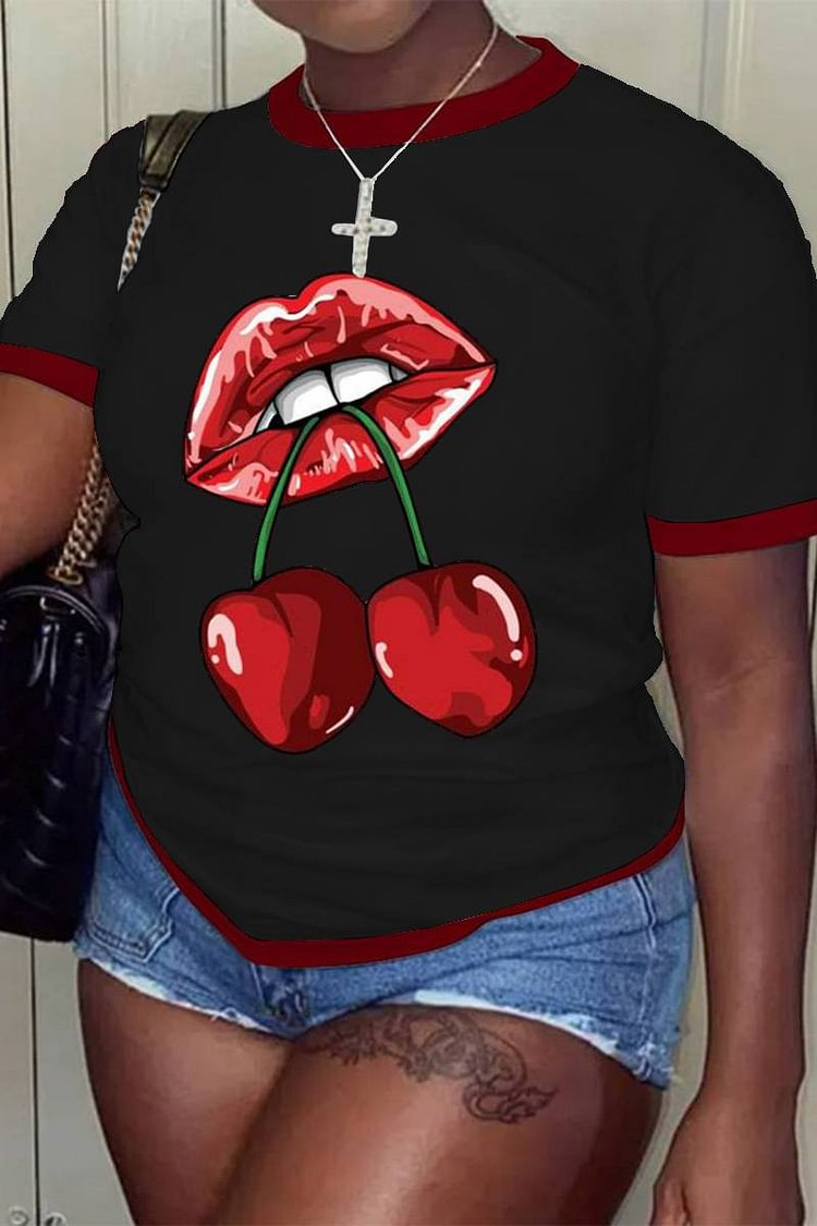 Plus Size Casual Lips Cherry Print Black T-Shirts