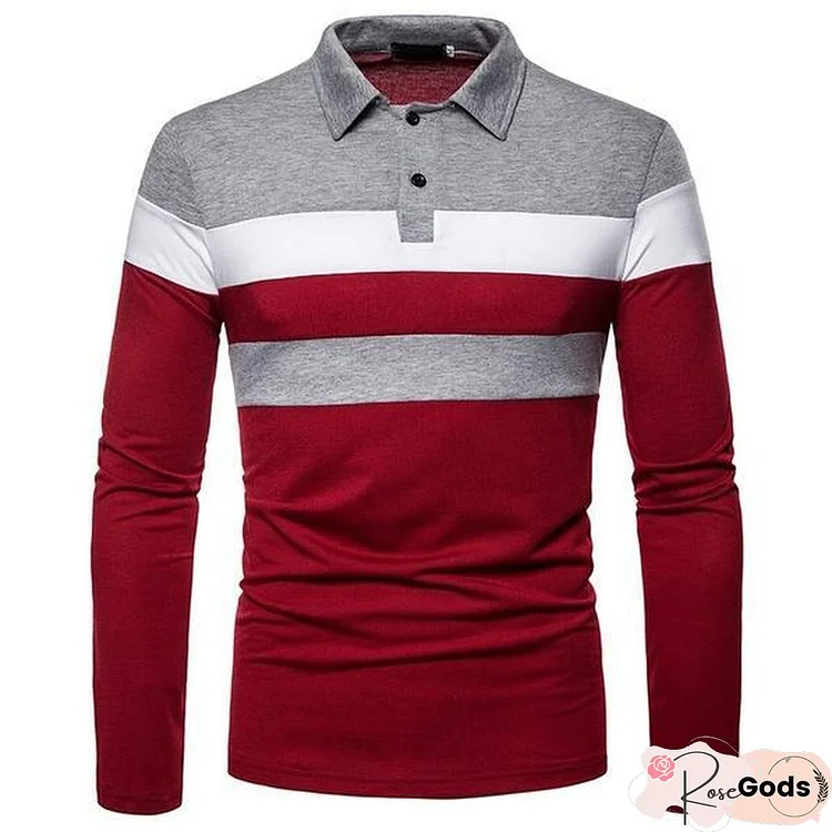 Fashion Men Lapel Long Sleeve Tri-Color Striped Stitching Shirts