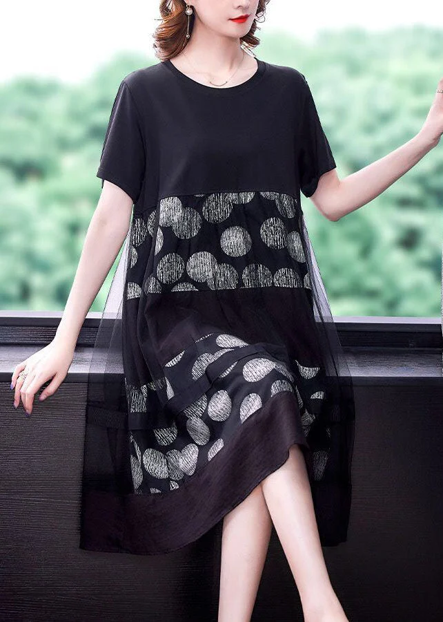 Loose Black O-Neck Patchwork Tulle Cotton Fake Two Piece Dress Summer