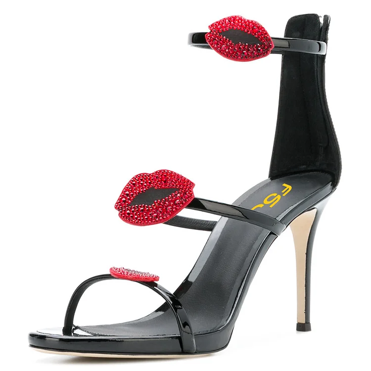 Black Rhinestones Lips Tri Straps Ankle Strap Sandals |FSJ Shoes