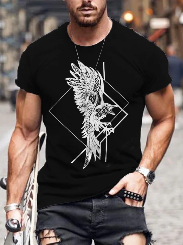 BrosWear Men's Odin Raven Viking Round Neck T Shirt