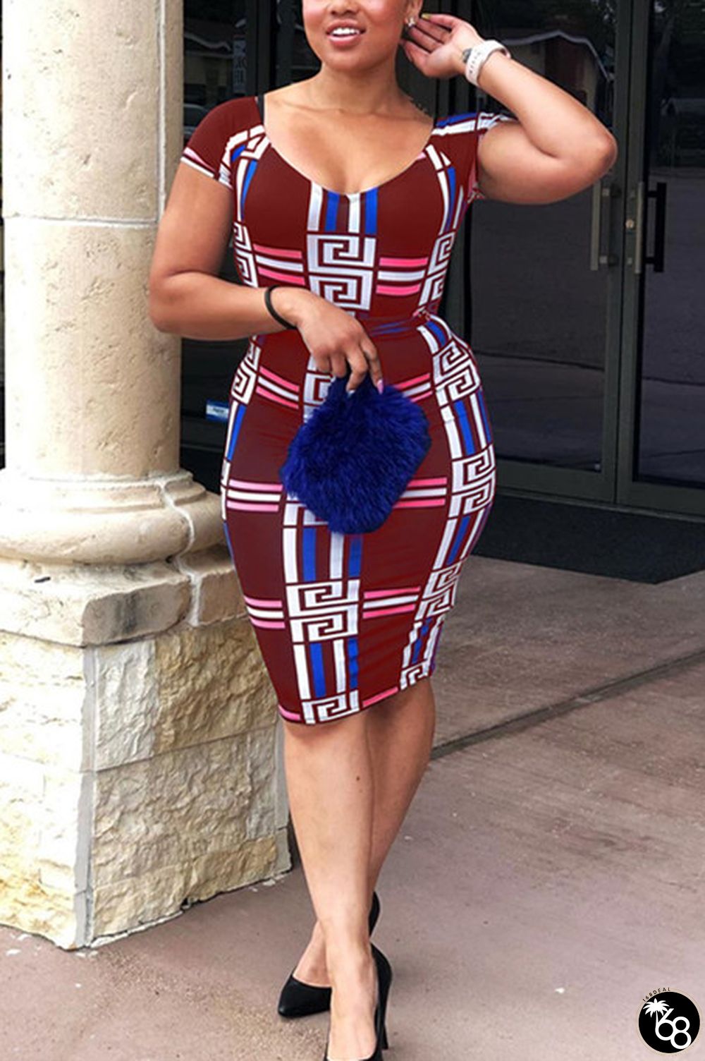 Wine Red Fashion Printing Short Sleeve Dress | 168DEAL