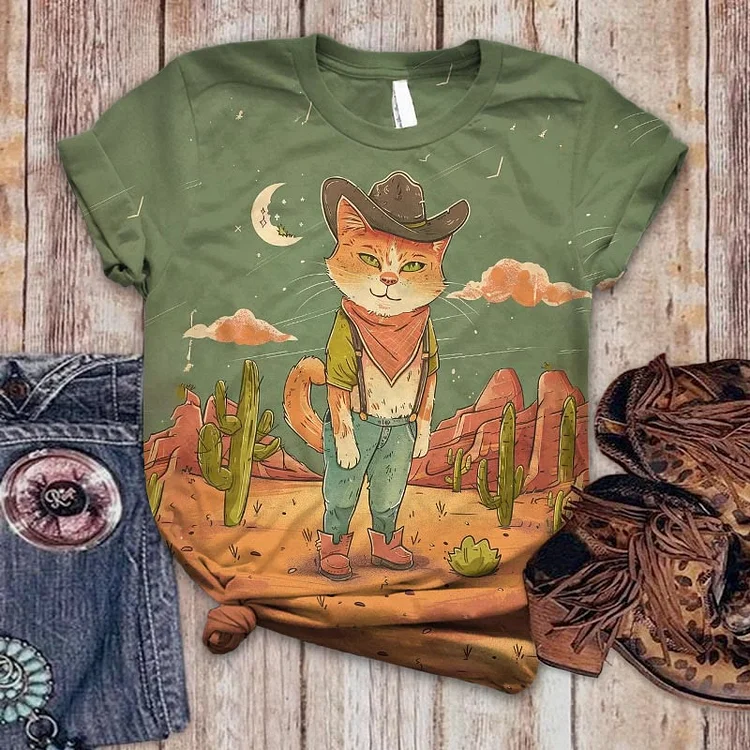 Women's Western Cat Print Casual Crew Neck T-shirt