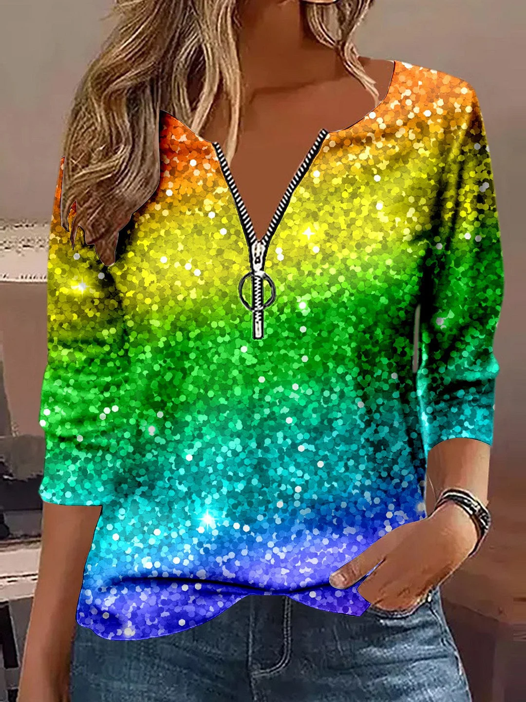 Women's Long Sleeve V-neck Printed Graphic Zipper Tops