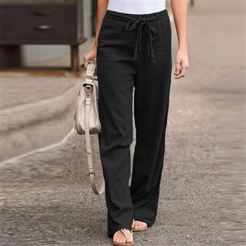 Women Wide Leg Pants Comfort Solid Linen Cotton Belt Lace-up Pants Casual Loose Straight Pants Ladies Long Trousers Plus Size