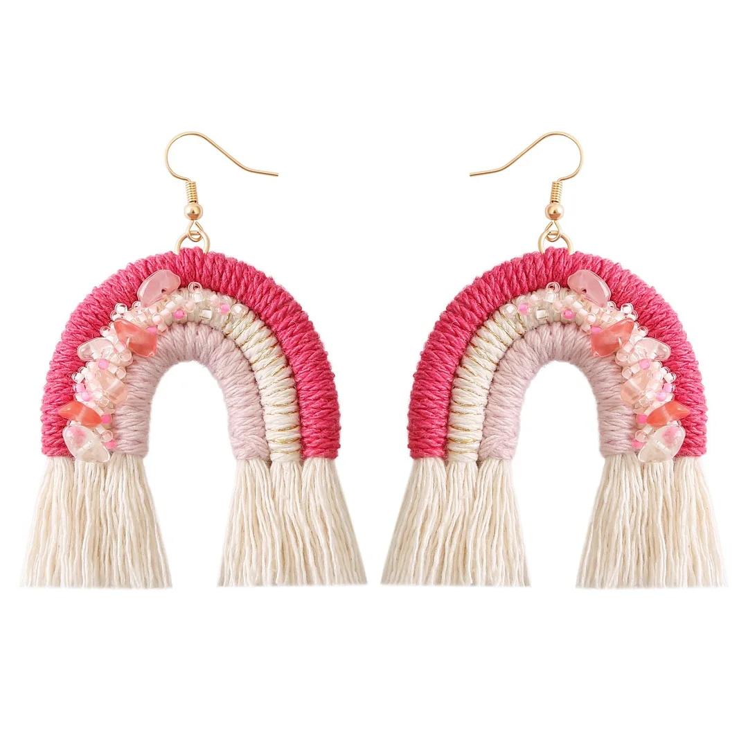 Dvacaman Ethnic Handmade Weave Macrame Earrings Cotton Thread Feather Fringe Tassel Earrings Wedding Jewelry Women Accessories