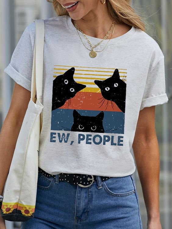 Women's Funny Cat Print Crew Neck Short Sleeve Tee Shirt , Funny Tee Shirt, Sarcastic T-Shirt, Saying Tee Shirt