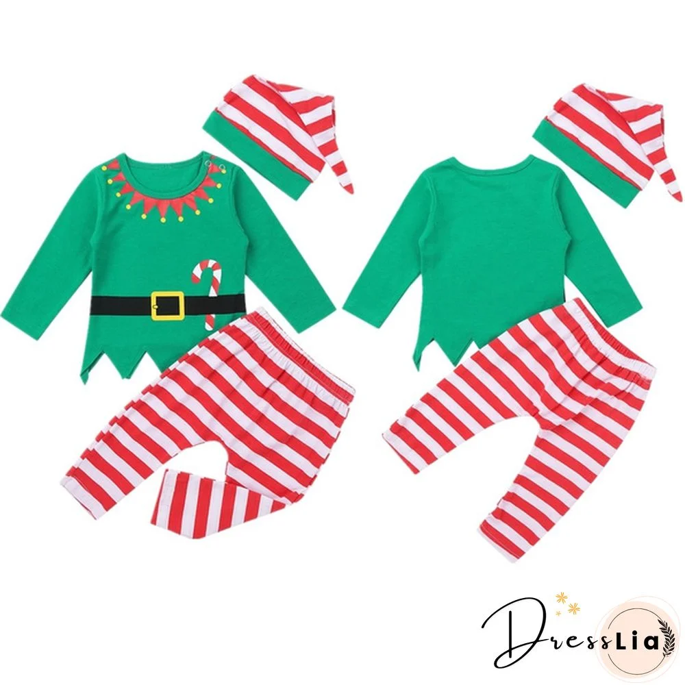 Lovely Kids Baby Girls Boys Christmas Outfits Xmas Costumes 3Pcs Set Long Sleeve Tops with Striped Pants Hat