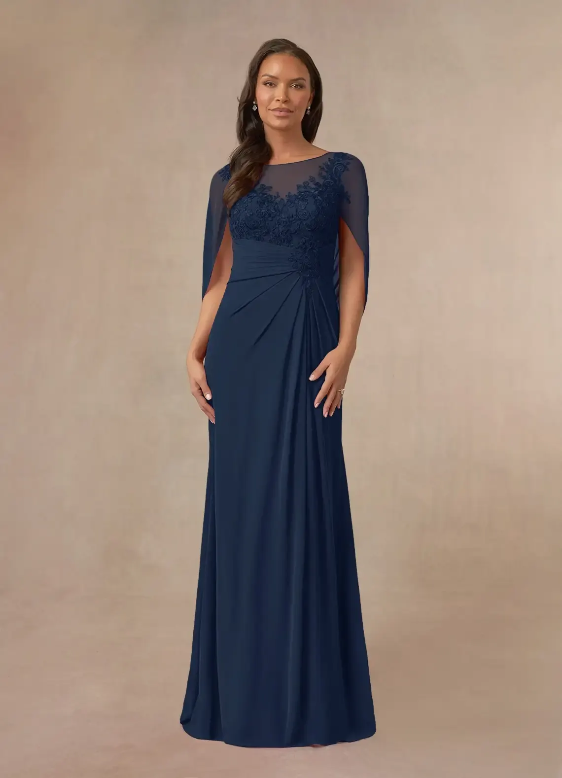 Lussooy Glamorous Dark Navy Chiffon Embroidery Scoop Neck Mother of The Bride Dress 