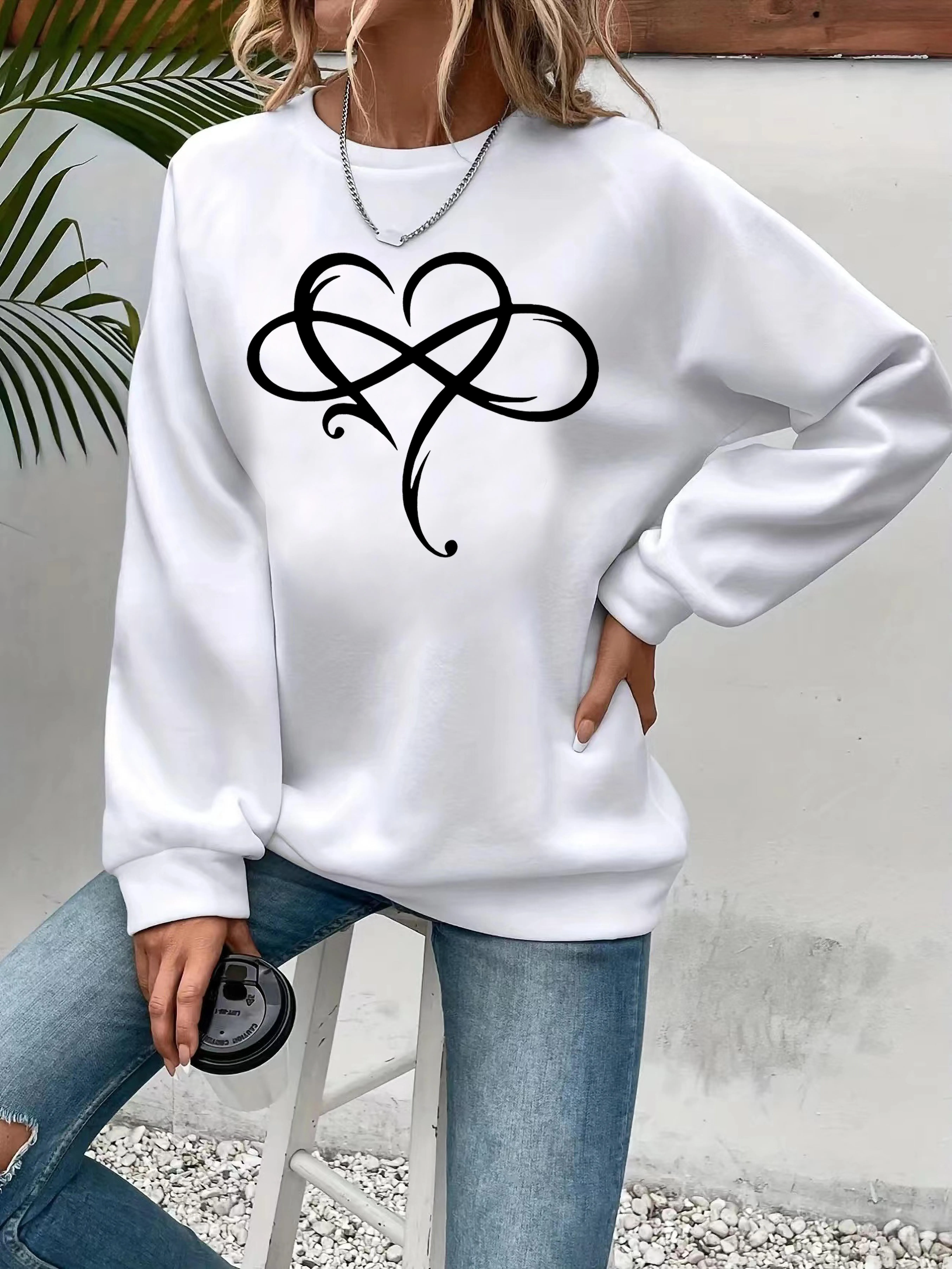 Womens Casual White Sweatshirt With Elegant Heart-Shaped Infinity Symbol Print Long Sleeve