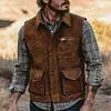 Men's Vintage Suede Multi-Pocket Outdoor Motorcycle Lapel Vest Jacket by Inlyline