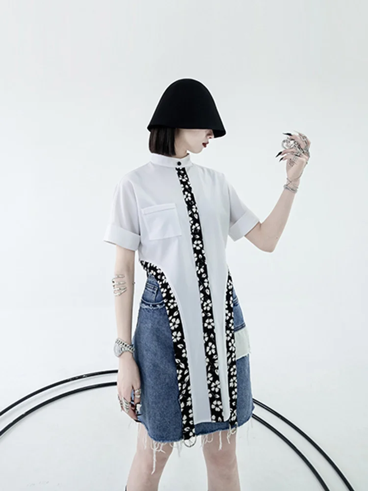 Chic Half Stand Collar Sakura Printed Band Patchwork Asymmetrical Hem Pocket Short Sleeve Shirt     