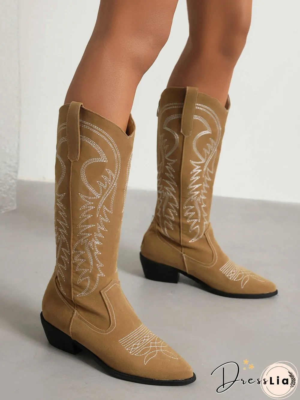 Embroidered Panel Plush Warm Pointed-Toe Cowboy Boots