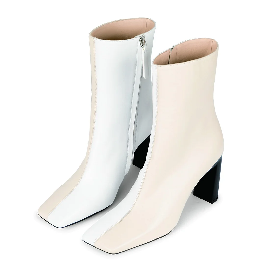 Stylish White & Beige Square Toe Side Zipper Heel Boots for Women