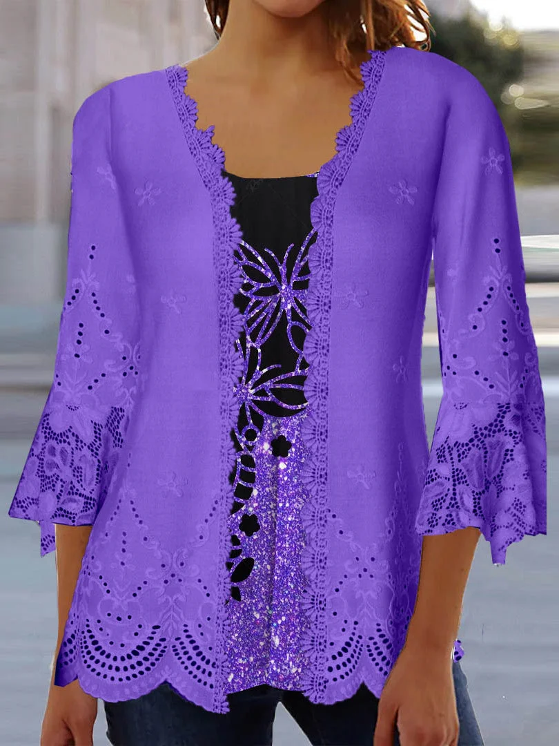 Women's 3/4 Sleeve Scoop Neck Graphic Printed Lace Stitching Two Pieces Tops